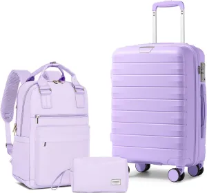 LARVENDER Luggage Sets 3 Piece with Travel Backpack Hardside PP Carry On Suitcase with 360 Spinner Wheels TSA Lock Luggage Sets for Women, Lavender