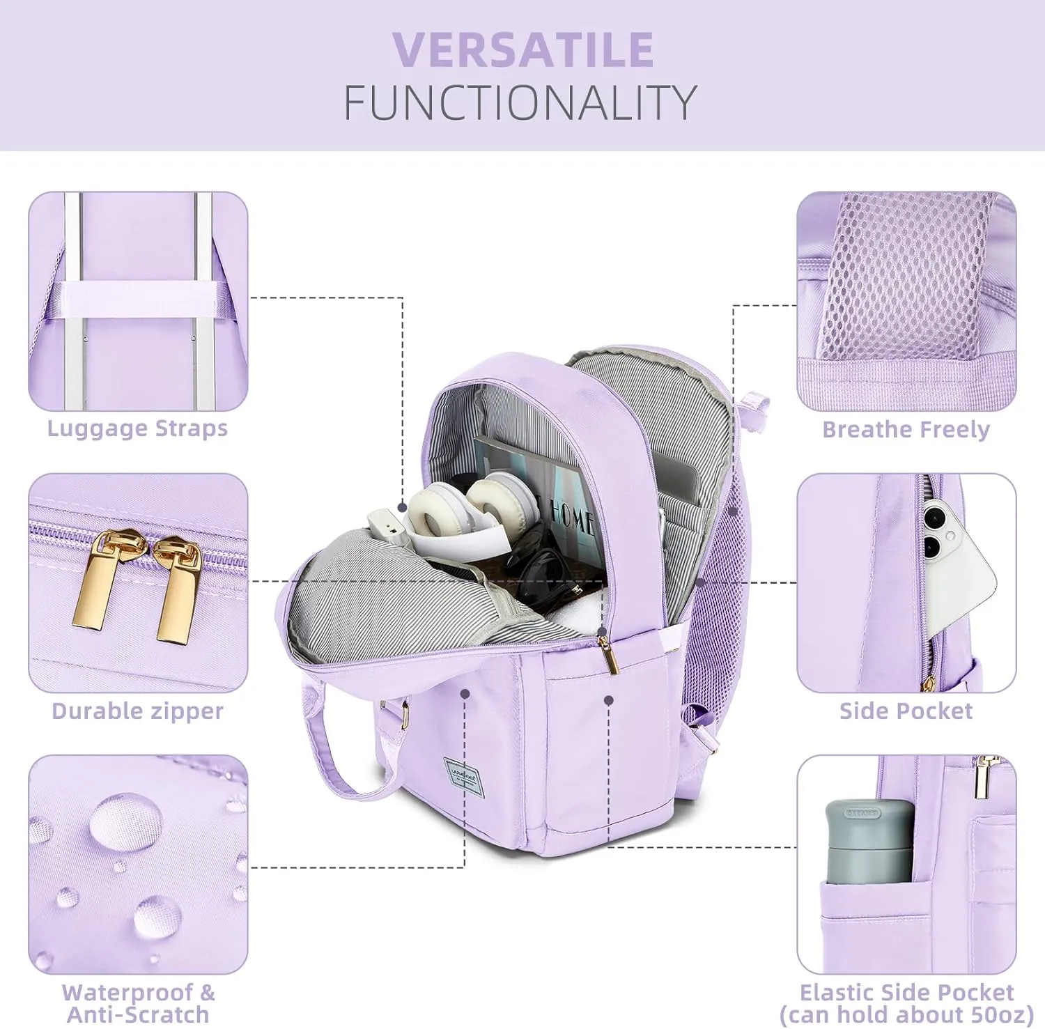 LARVENDER Luggage Sets 3 Piece with Travel Backpack Hardside PP Carry On Suitcase with 360 Spinner Wheels TSA Lock Luggage Sets for Women, Lavender