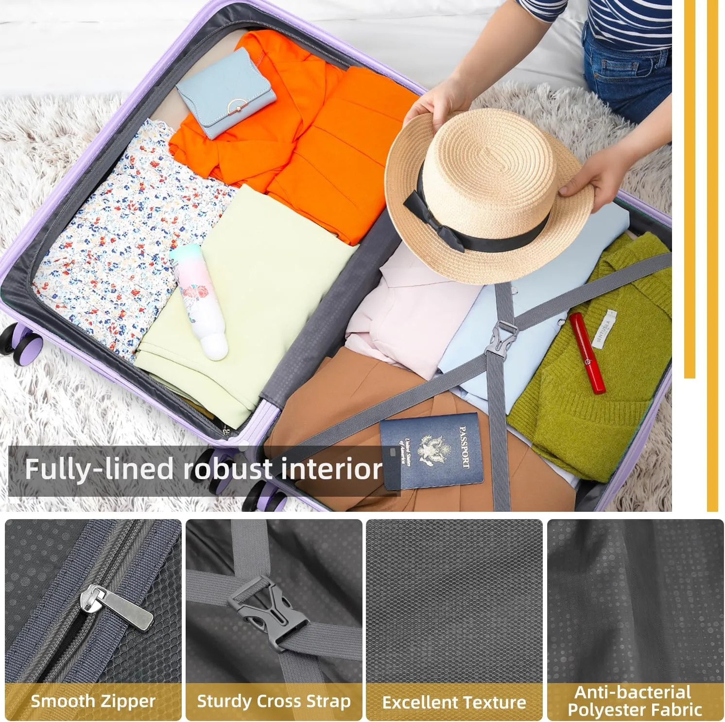 LARVENDER Luggage Sets 3 Piece with Travel Backpack Hardside PP Carry On Suitcase with 360 Spinner Wheels TSA Lock Luggage Sets for Women, Lavender