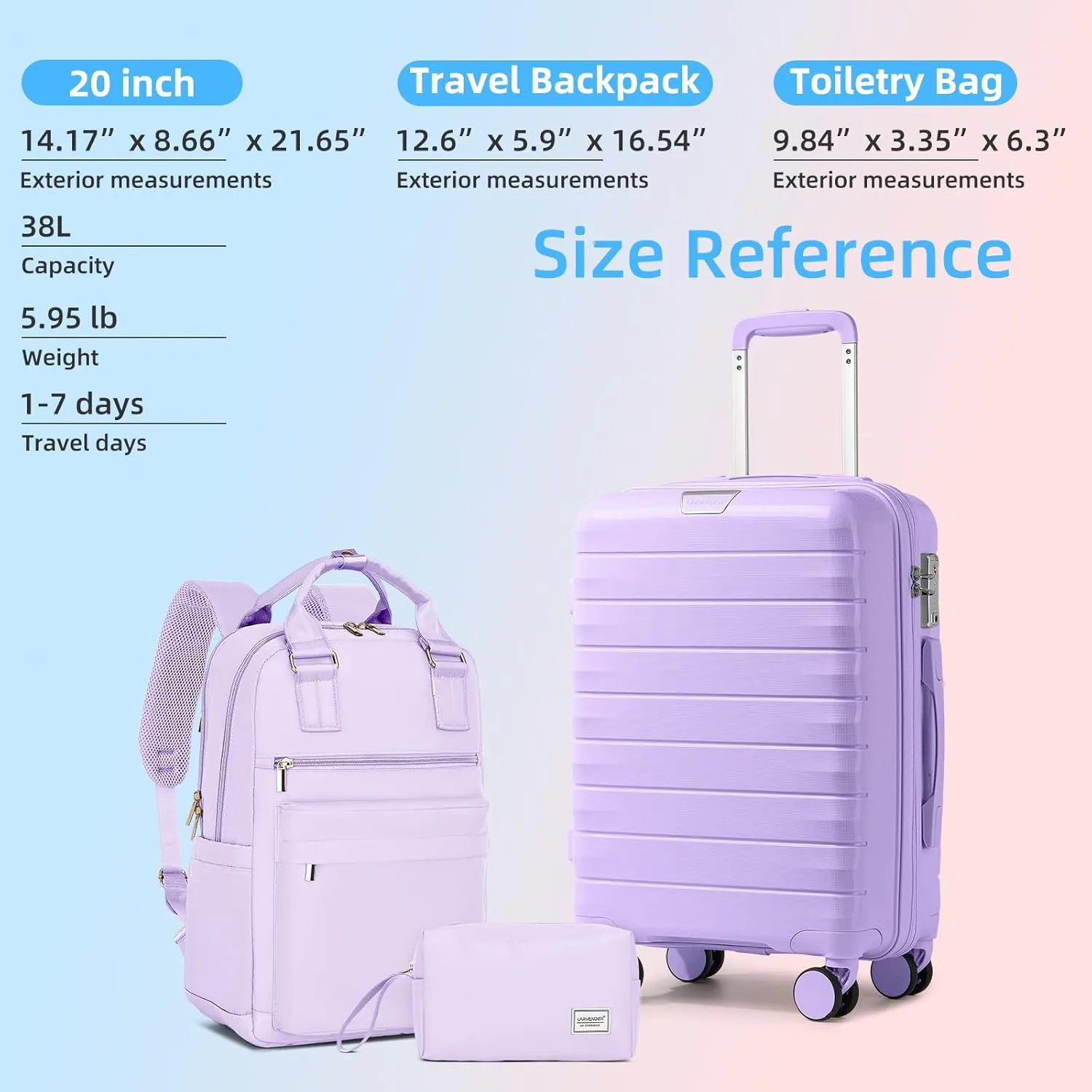 LARVENDER Luggage Sets 3 Piece with Travel Backpack Hardside PP Carry On Suitcase with 360 Spinner Wheels TSA Lock Luggage Sets for Women, Lavender