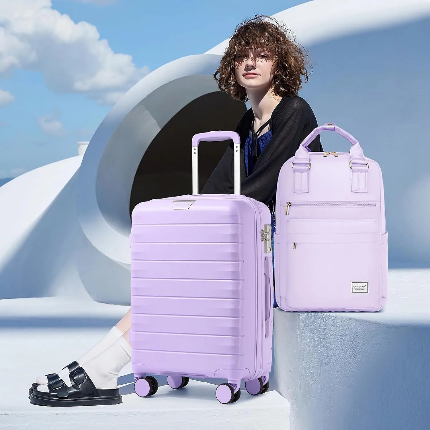 LARVENDER Luggage Sets 3 Piece with Travel Backpack Hardside PP Carry On Suitcase with 360 Spinner Wheels TSA Lock Luggage Sets for Women, Lavender