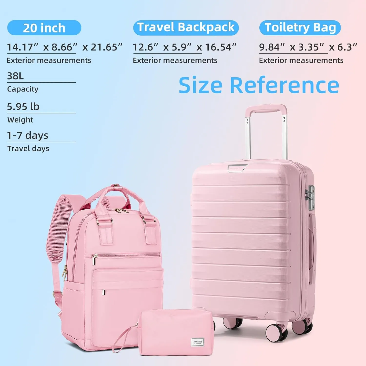LARVENDER Luggage Sets 3 Piece with Travel Backpack Hardside PP Carry On Suitcase with 360 Spinner Wheels TSA Lock Luggage Sets for Women, Orchid Pink
