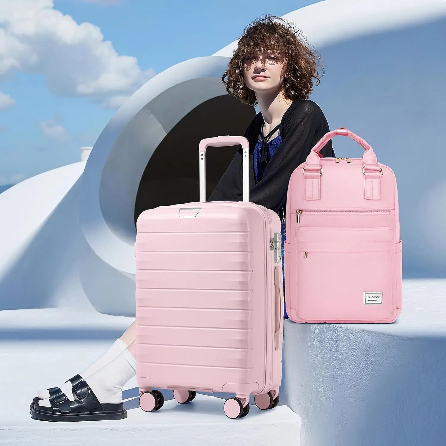 LARVENDER Luggage Sets 3 Piece with Travel Backpack Hardside PP Carry On Suitcase with 360 Spinner Wheels TSA Lock Luggage Sets for Women, Orchid Pink