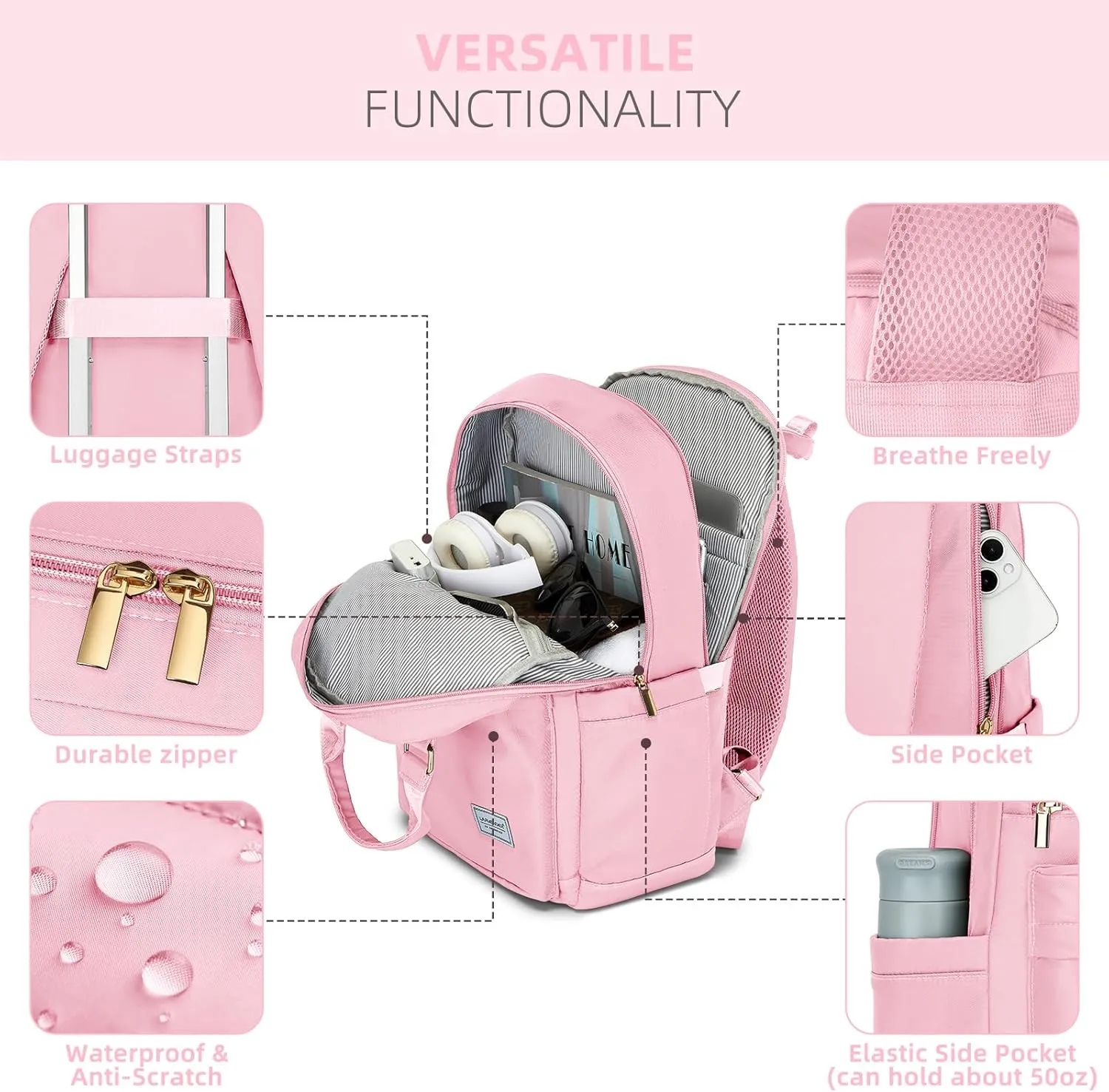 LARVENDER Luggage Sets 3 Piece with Travel Backpack Hardside PP Carry On Suitcase with 360 Spinner Wheels TSA Lock Luggage Sets for Women, Orchid Pink