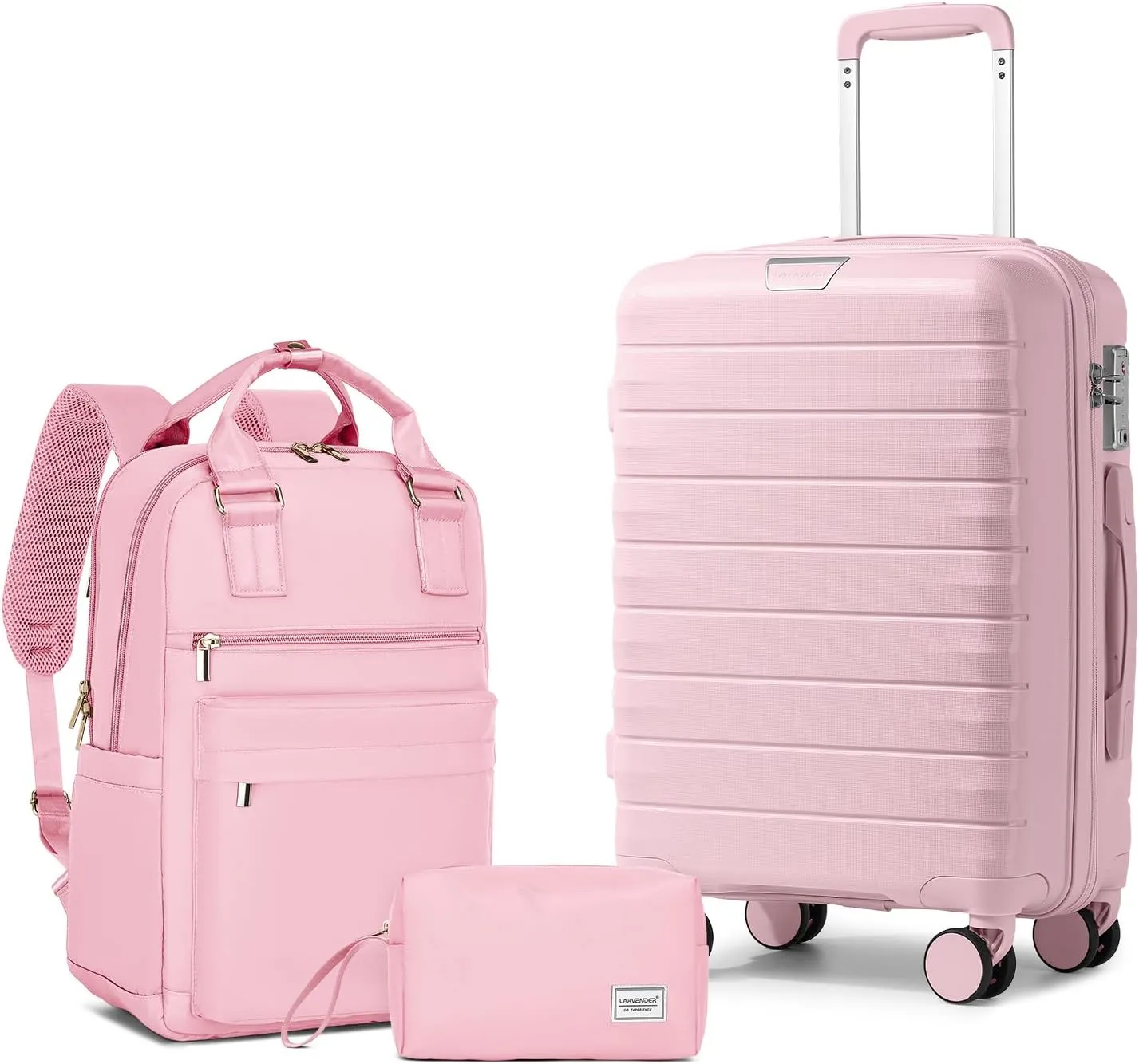 LARVENDER Luggage Sets 3 Piece with Travel Backpack Hardside PP Carry On Suitcase with 360 Spinner Wheels TSA Lock Luggage Sets for Women, Orchid Pink