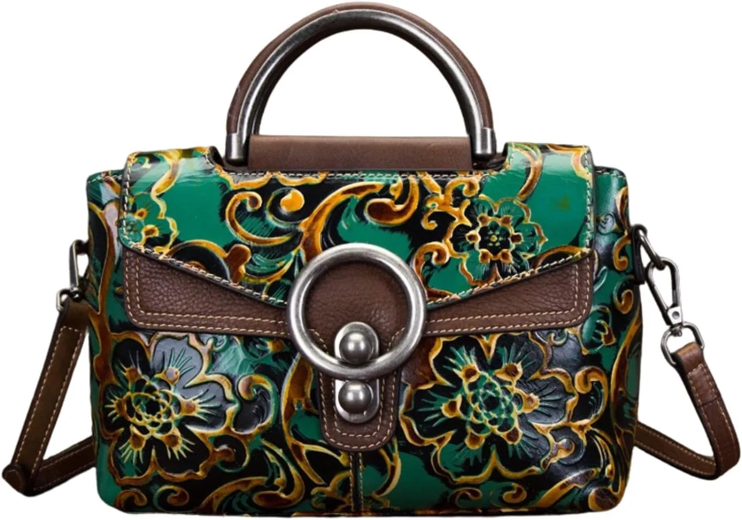 Leather Handbag for Women - Vintage Floral Embossed Multi-Way Crossbody, Shoulder Bag, Satchel with Adjustable Strap