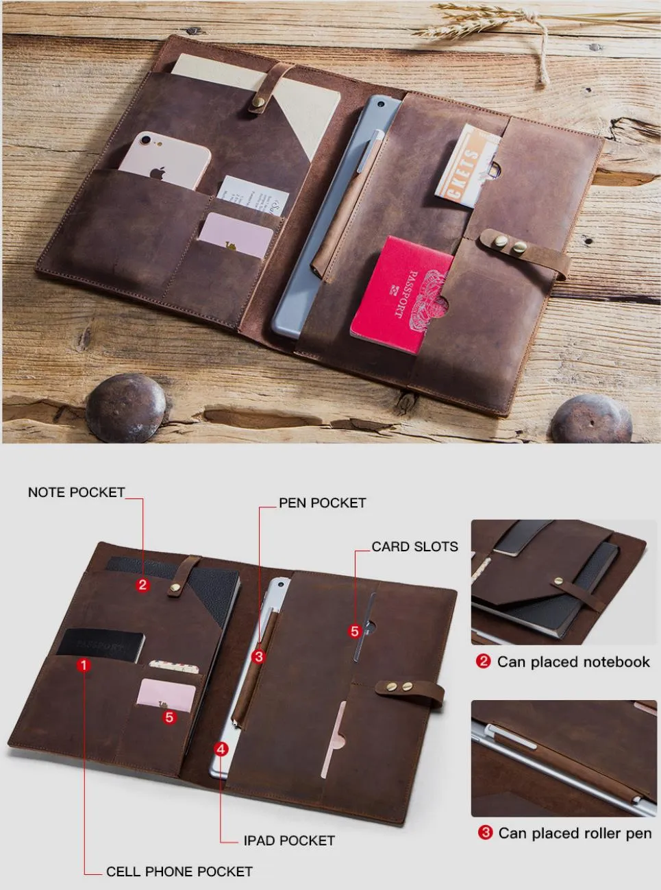 Leather Portfolio,Personalized Tablet Case Envelop, Notebook Holder, Organizer Folders, Engraving for Gift