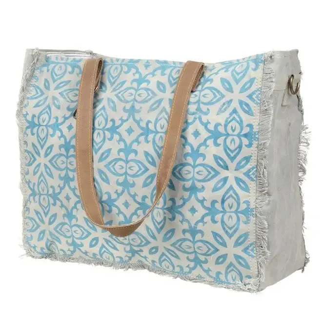 Lindsay Pattern Canvas Tote Bag in Grey and Turquoise