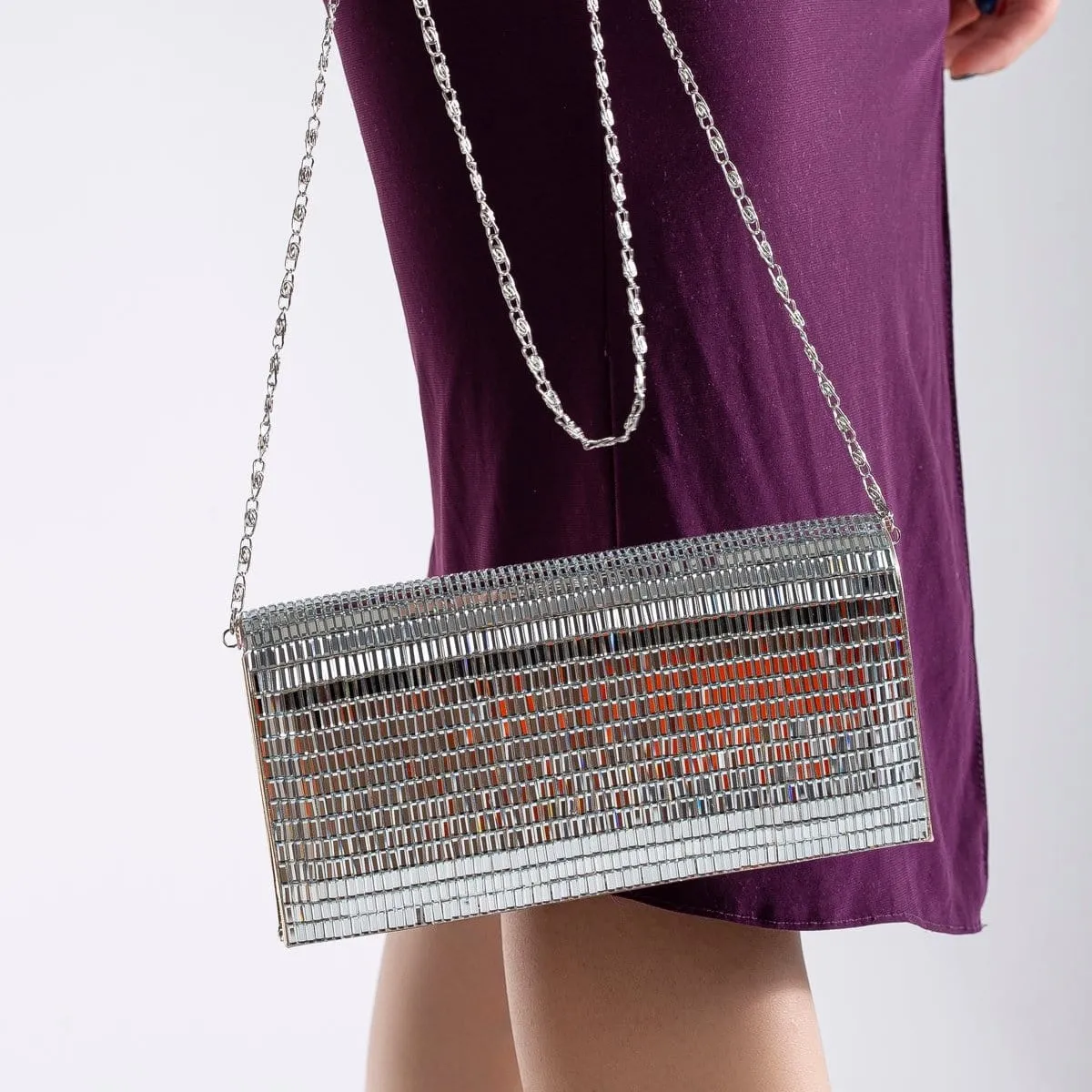 Lorena Vegan Vertical Sequin Clutch | Silver