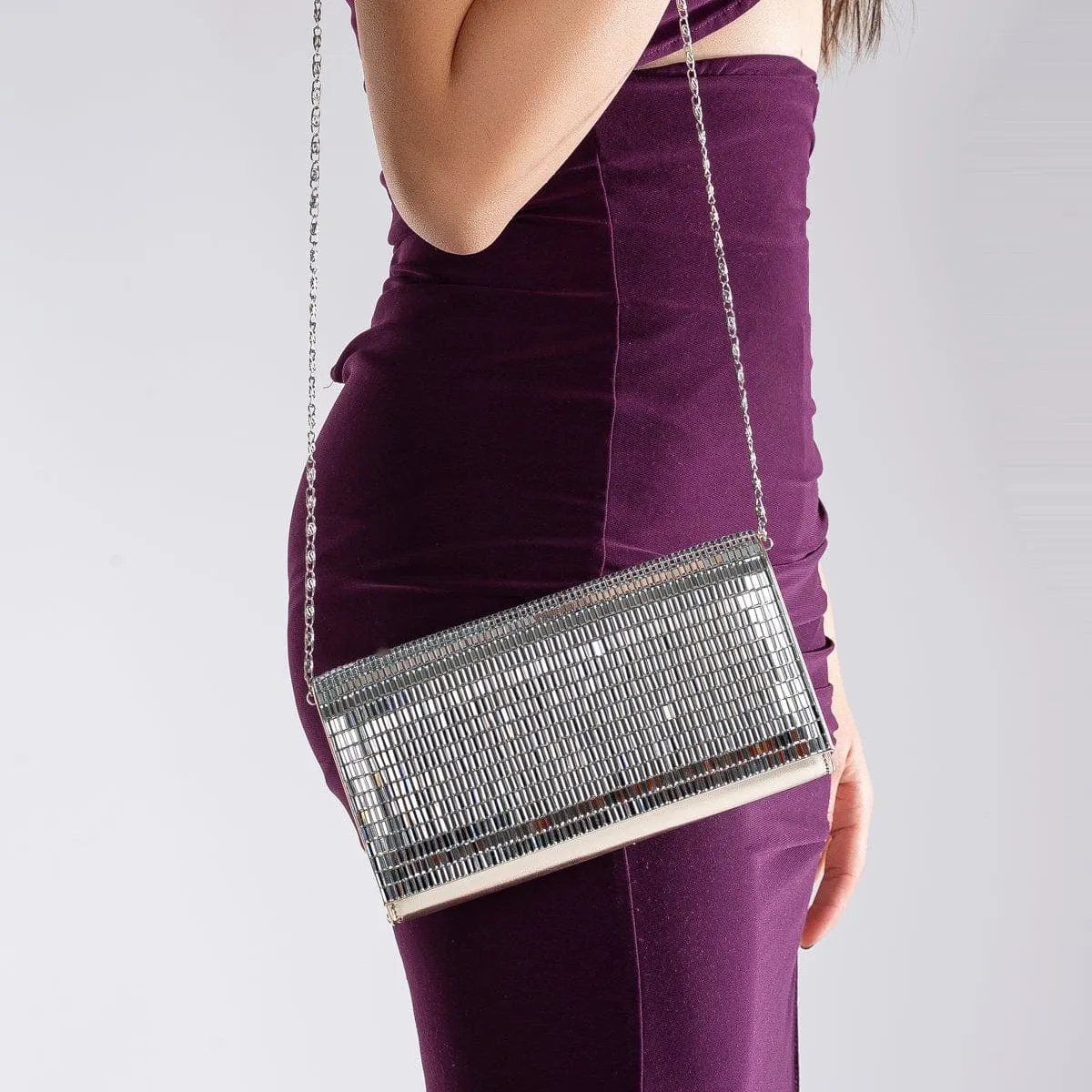 Lorena Vegan Vertical Sequin Clutch | Silver