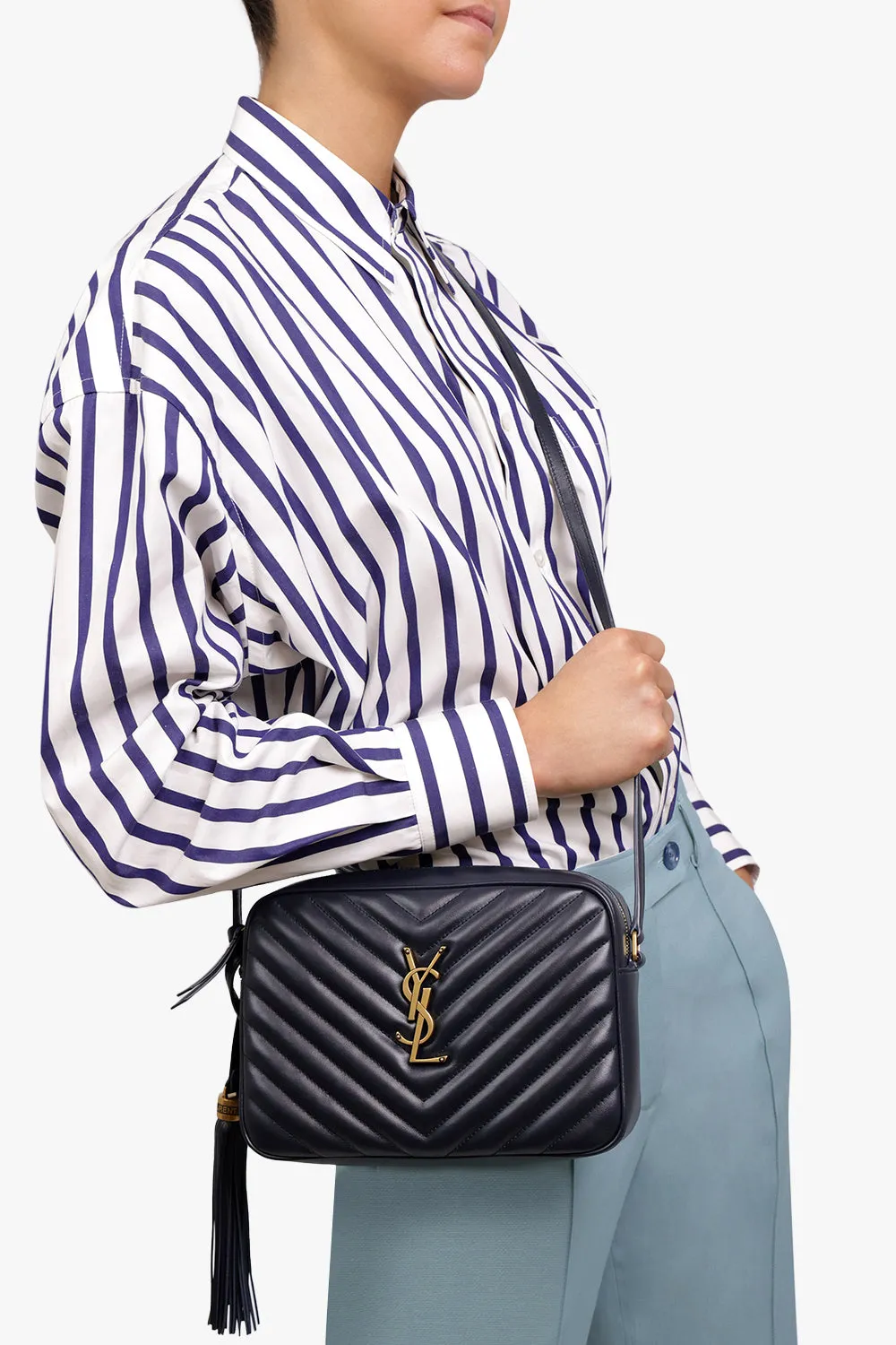 LOU QUILTED CAMERA BAG | DEEP MARINE/GOLD