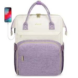 LOVEVOOK Laptop Backpack Purse for Women, Fashion Work Travel Bags, Business Computer Backpacks, Doctor Nurse Backpack with USB Port, fits 15.6-Inch Laptop, Beige-Purple