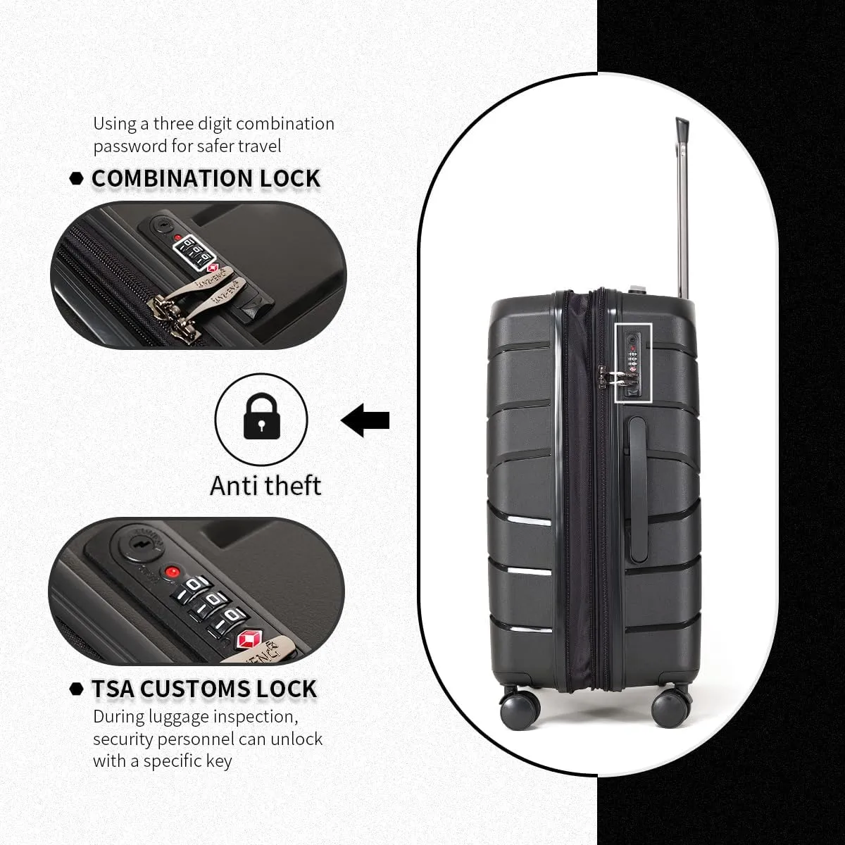 Luggage Set 4 Piece 100% PP Heavy Duty Hardside Expandable Suitcase Set with TSA Lock Double Spinner Wheels (18/20/24/30 inch, Black)