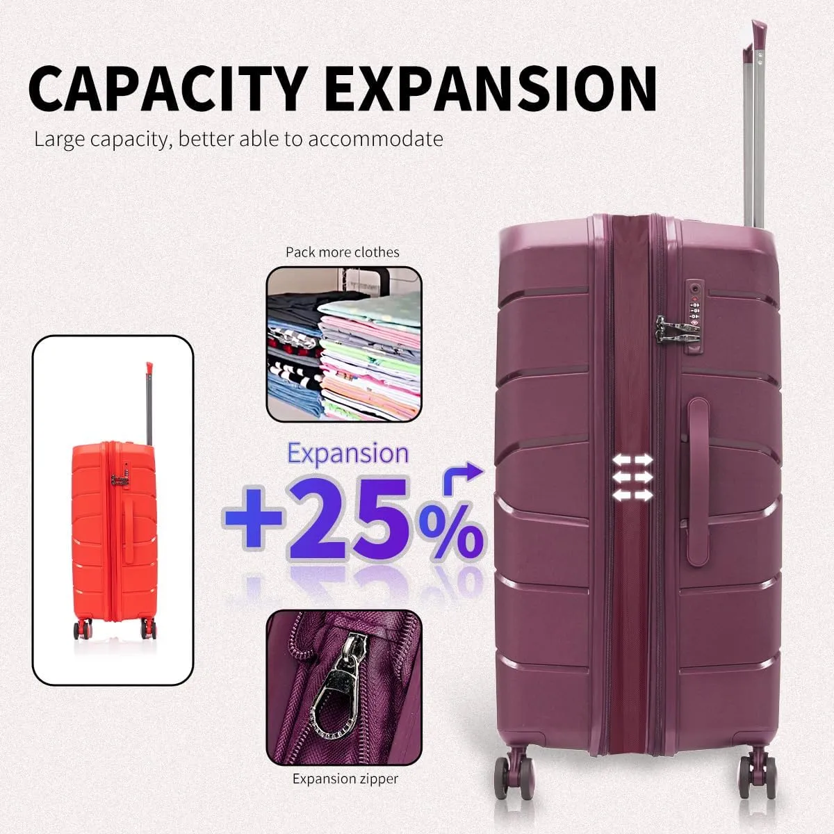 Luggage Set 4 Piece 100% PP Heavy Duty Hardside Expandable Suitcase Set with TSA Lock Double Spinner Wheels (18/20/24/30 inch, Purple)