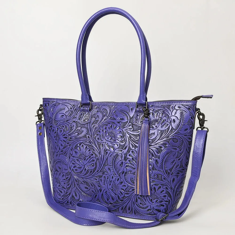 Maple Creek Purple Hand Tooled Leather Shoulder Tote Bag