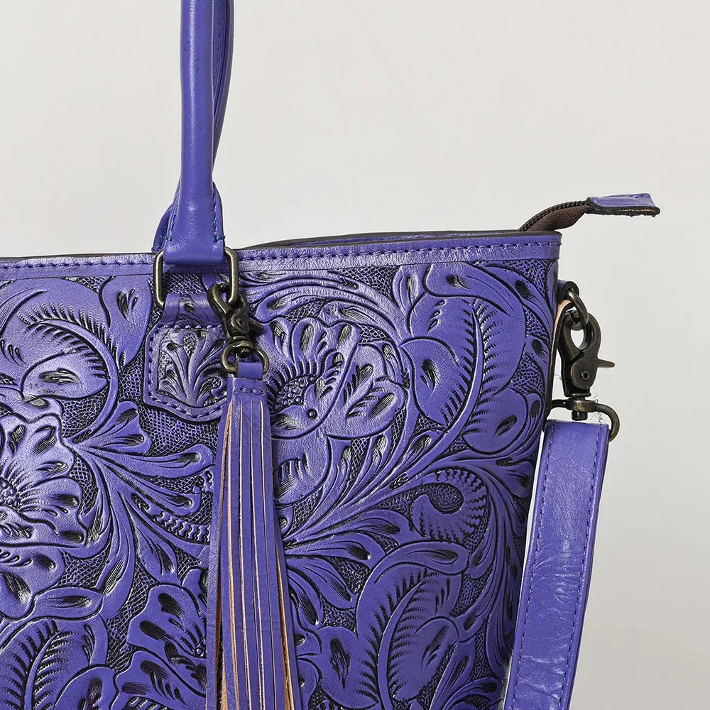 Maple Creek Purple Hand Tooled Leather Shoulder Tote Bag