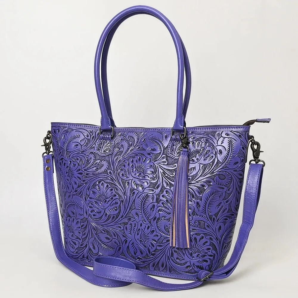 Maple Creek Purple Hand Tooled Leather Shoulder Tote Bag