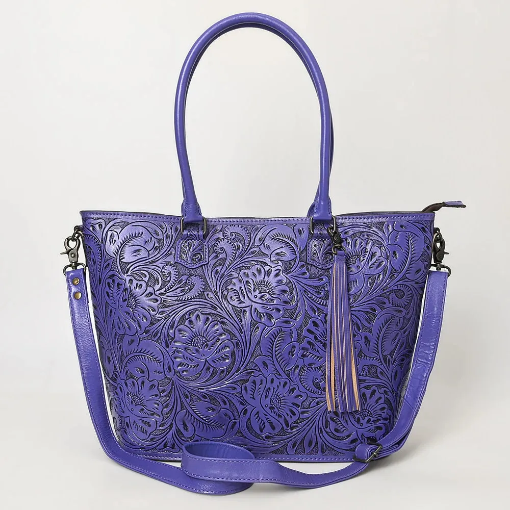 Maple Creek Purple Hand Tooled Leather Shoulder Tote Bag