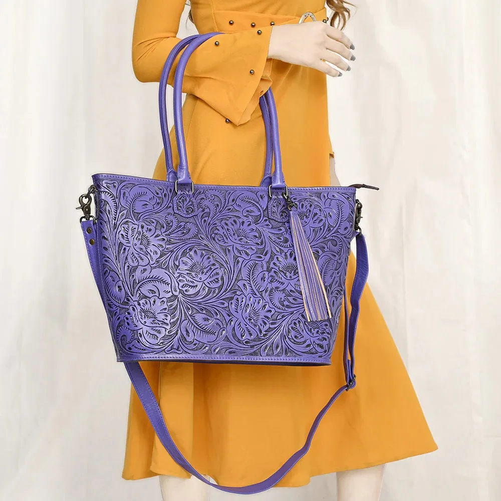 Maple Creek Purple Hand Tooled Leather Shoulder Tote Bag
