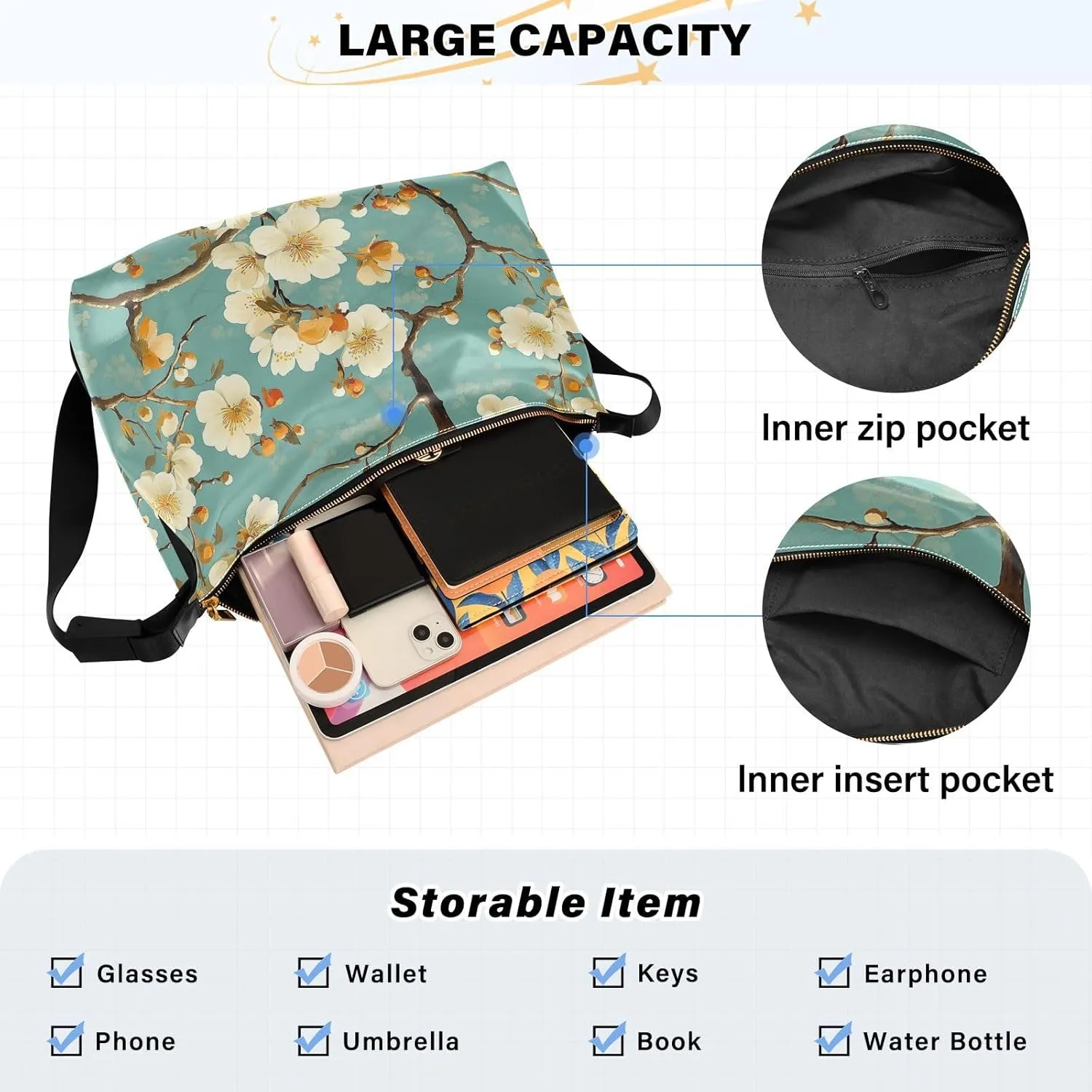 Men Medium Crossbody Bags Trendy Mens Shoulder Bags Crossbody Side Bag Flowers Vibrant Blossoms Japanese