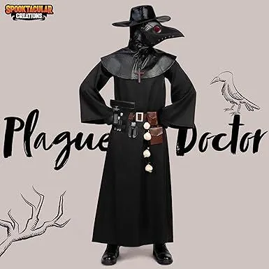 Men Plague Doctor Black Costume Set with Hat, Mask, Shawl, Robe, Gloves, Belt, Garlic, Scepter