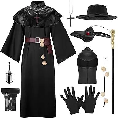 Men Plague Doctor Black Costume Set with Hat, Mask, Shawl, Robe, Gloves, Belt, Garlic, Scepter