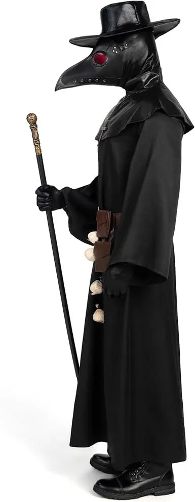 Men Plague Doctor Black Costume Set with Hat, Mask, Shawl, Robe, Gloves, Belt, Garlic, Scepter
