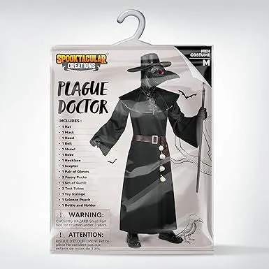 Men Plague Doctor Black Costume Set with Hat, Mask, Shawl, Robe, Gloves, Belt, Garlic, Scepter