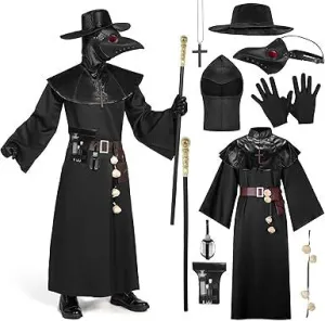 Men Plague Doctor Black Costume Set with Hat, Mask, Shawl, Robe, Gloves, Belt, Garlic, Scepter