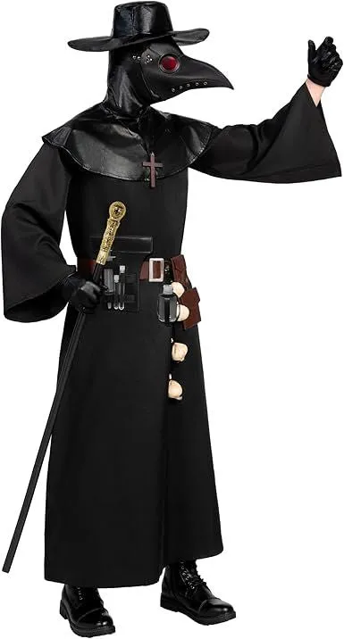 Men Plague Doctor Black Costume Set with Hat, Mask, Shawl, Robe, Gloves, Belt, Garlic, Scepter