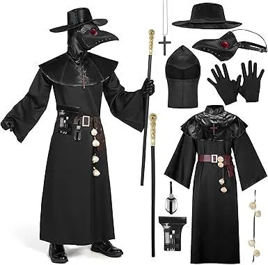 Men Plague Doctor Black Costume Set with Hat, Mask, Shawl, Robe, Gloves, Belt, Garlic, Scepter