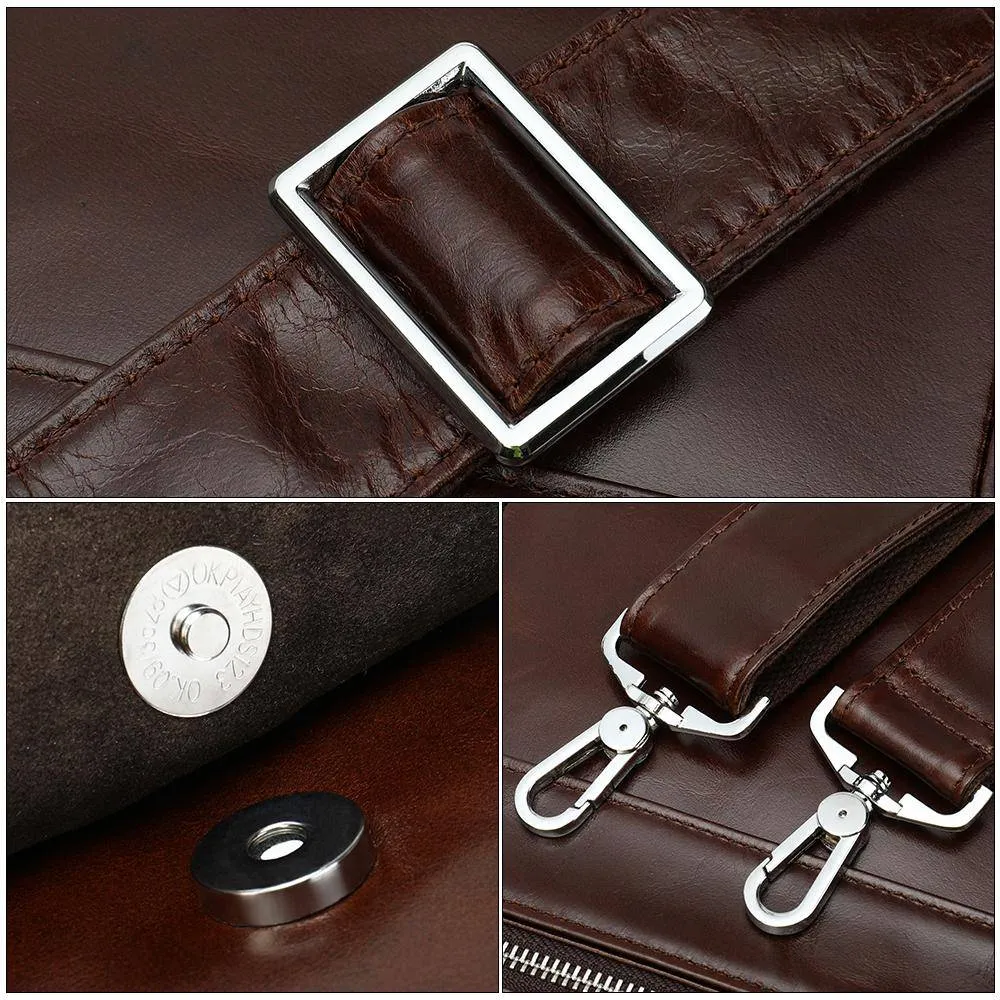 Men's Leather Briefcase Messenger Bag 14 Inch Laptop Shoulder Bag Large Volumn Business Briefcase With Trolley Belt