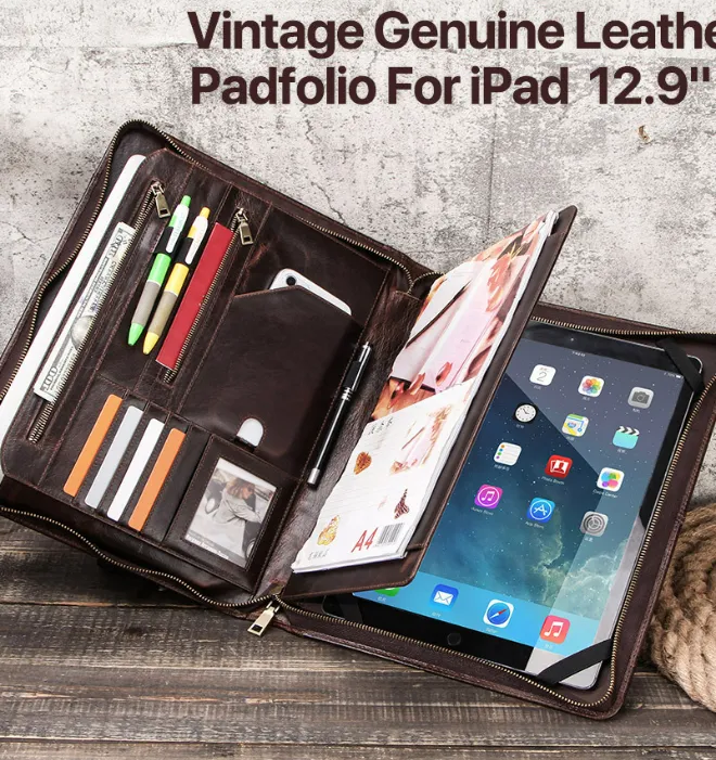 Men's Leather Portfolio iPad 12.9 Padfolio, Tablet Case, Document Folder Organizer Personalized Gift