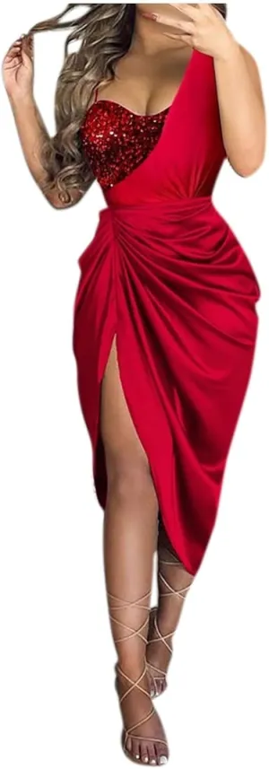 Midi Dresses for Women High Split Sparkly Sequin Corset Dress Sexy Club Cocktail Party Asymmetrical Bodycon Dress 2025