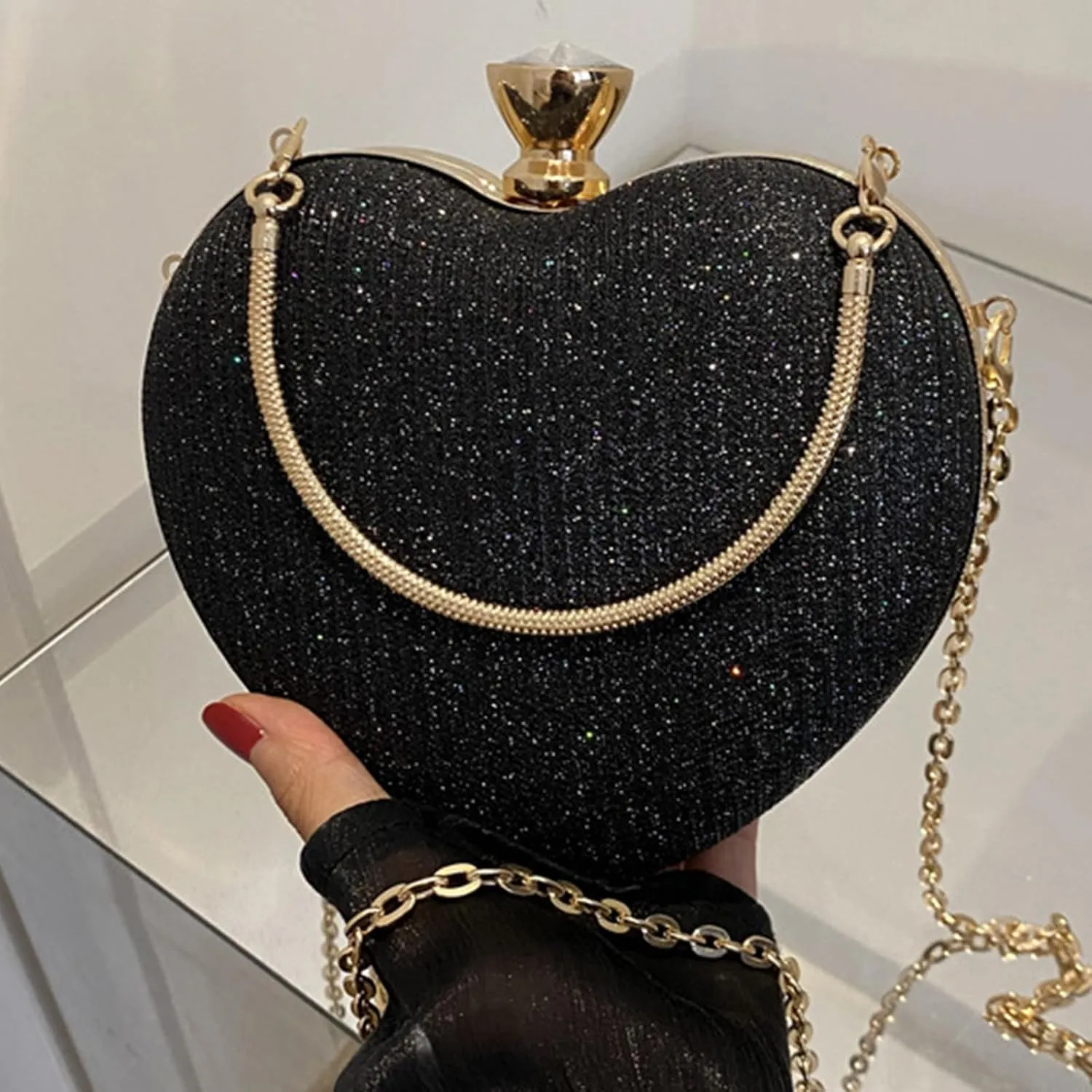 Morain Evening Bag for Women Heart Shape Handbag Stylish Shoulder Bag Evening Bag Clutch Bag Chain Strap Shoulder Strap