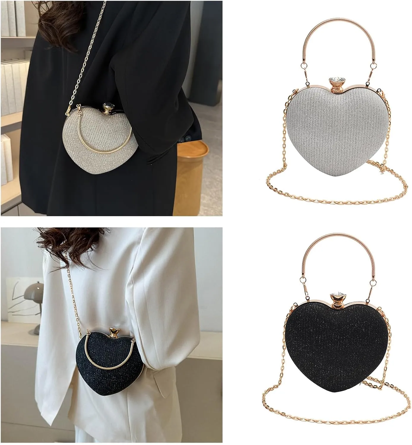 Morain Evening Bag for Women Heart Shape Handbag Stylish Shoulder Bag Evening Bag Clutch Bag Chain Strap Shoulder Strap