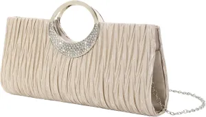 Morain Satins Pleated Evening Clutches Bag with Removable Chain Strap for Women, Bridal Jewellery, Elegant Wedding Handbag, Milk Tea Colour, 9.36 x 8.5902 inches, Milk tea colour