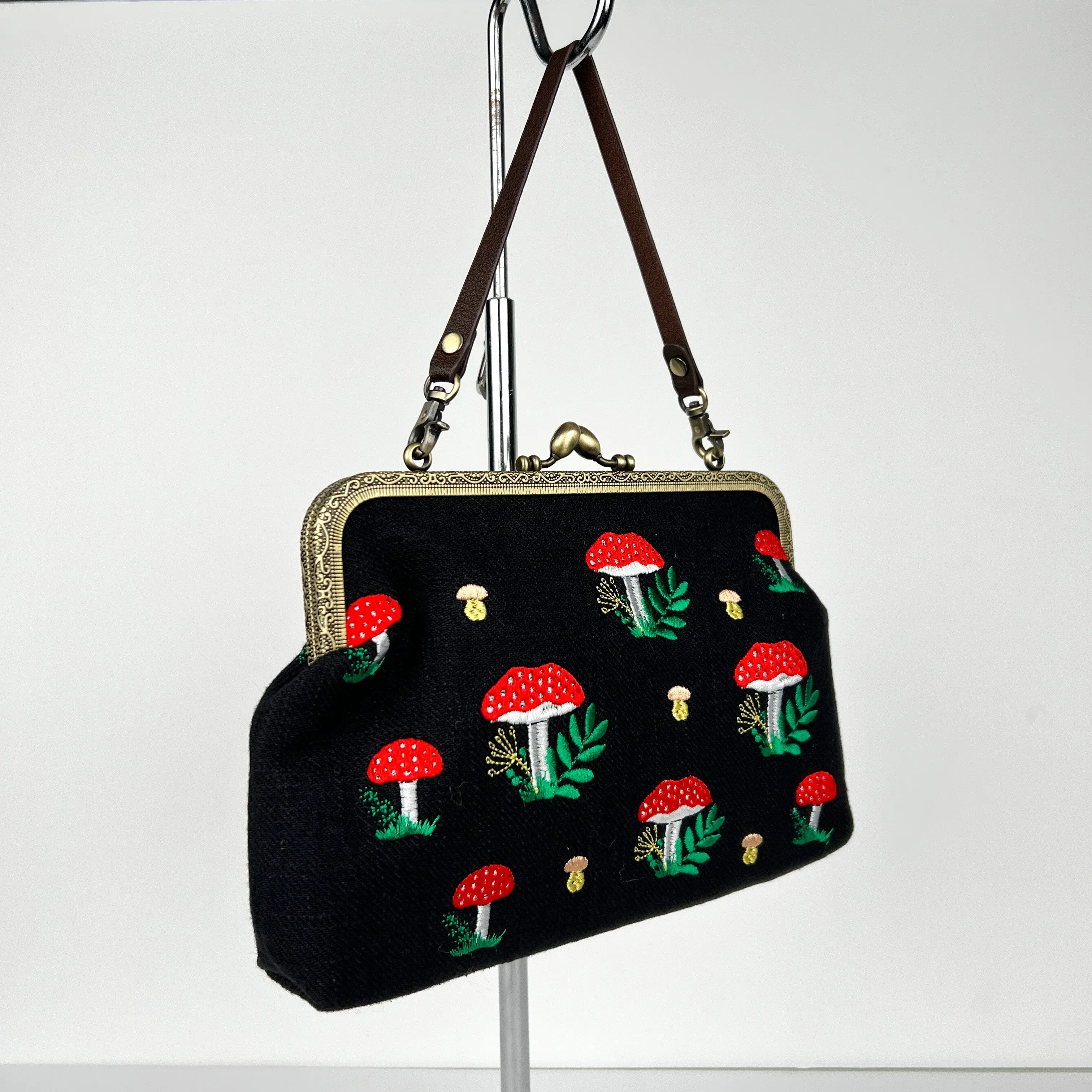 Mushroom Kisslock Embroidered Convertible Bag
