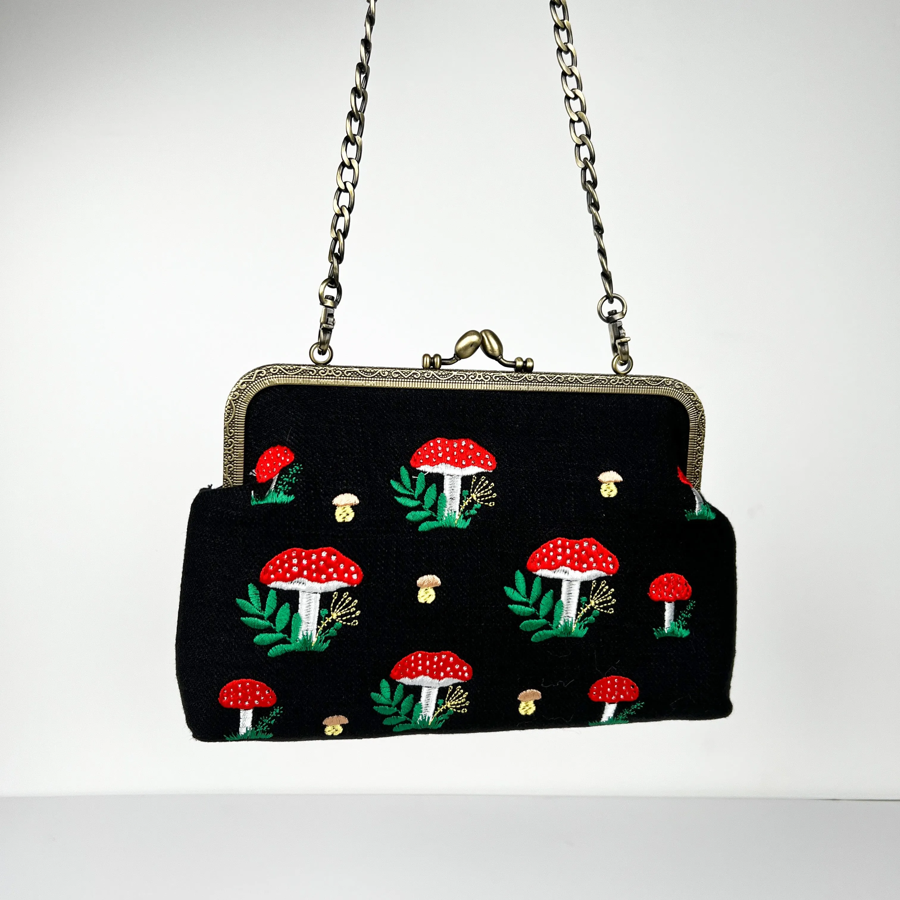 Mushroom Kisslock Embroidered Convertible Bag