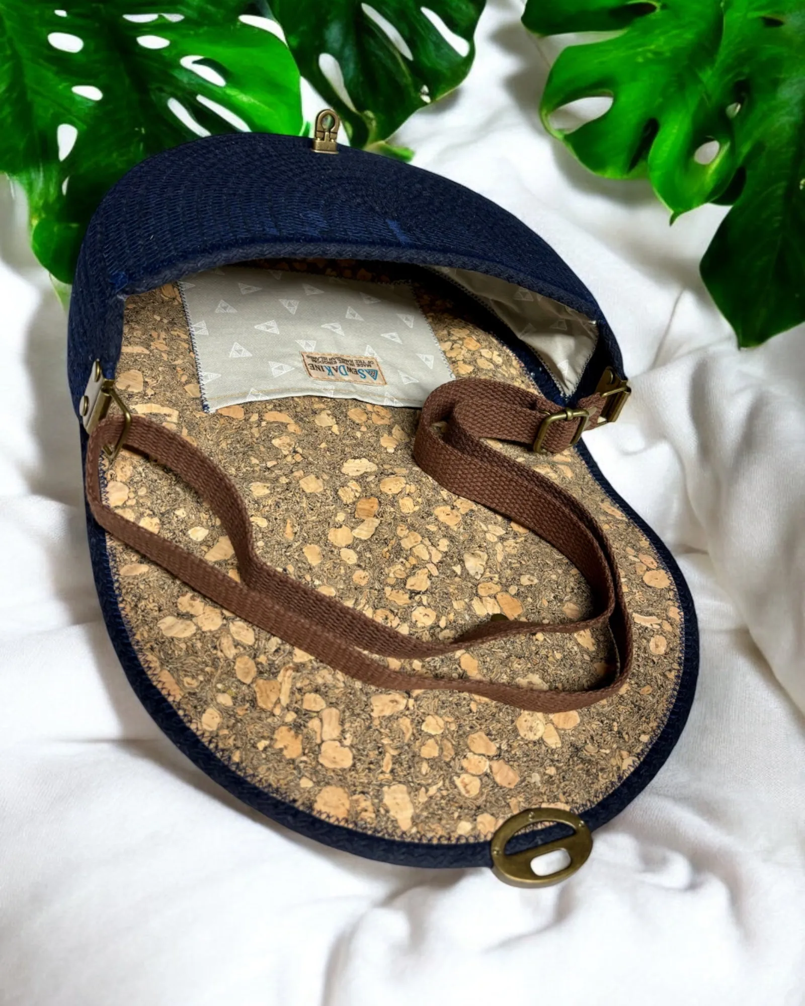 Navy Mahina Crossbody Messenger Bag - Taro Leaf Print Fabric Accents, Handmade, & Eco-Friendly
