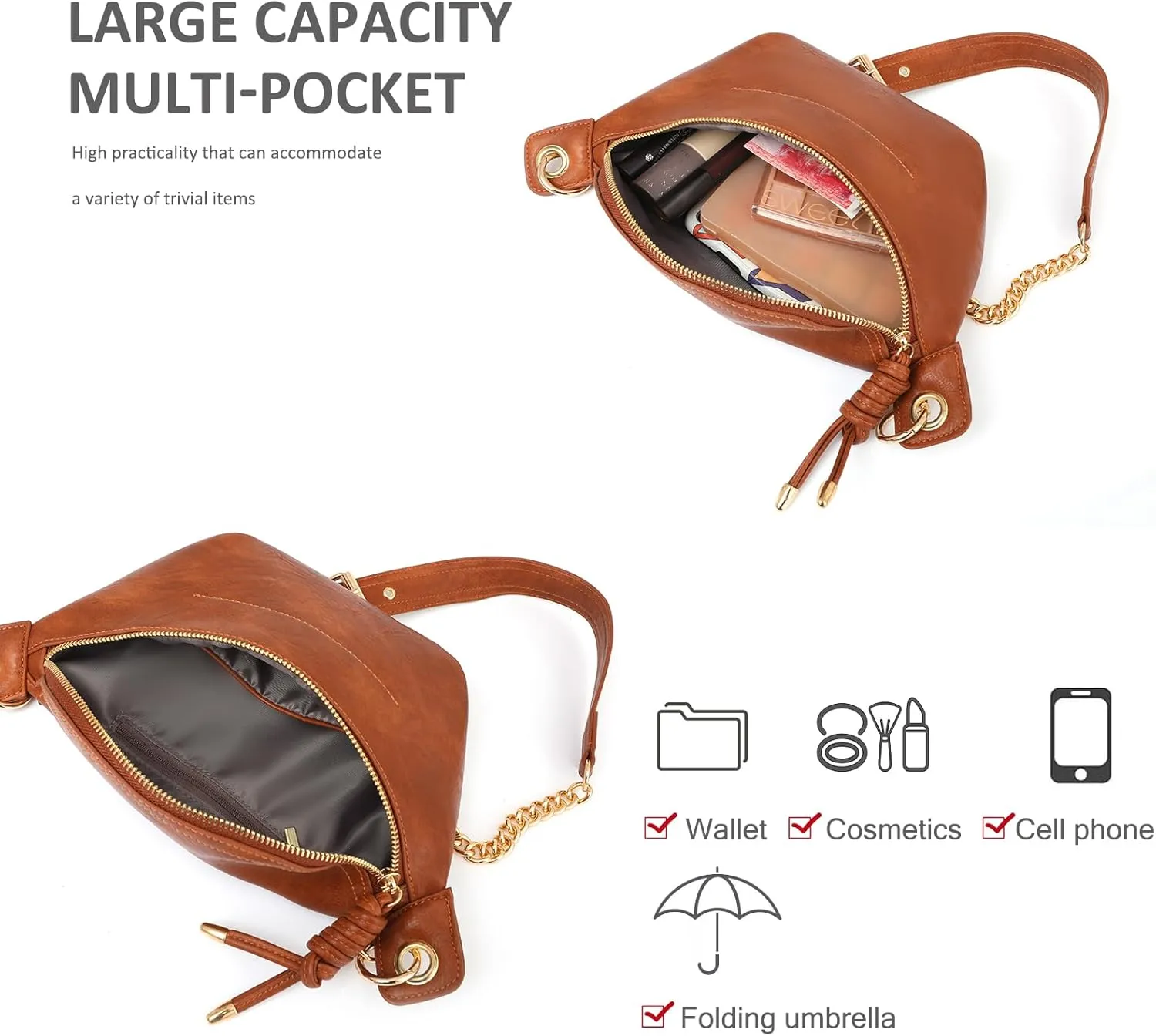 NICOLE & DORIS Bum Bag Women's Retro Shoulder Bags Small Shoulder Bags PU Leather Satchel Handbag with Chain Crossbody Bag Women's Chest Bag, brown