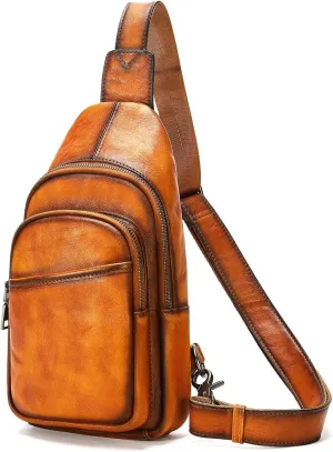 NIUCUNZH Genuine Leather Sling Bag, Vintage Handmade Leather Crossbody Bags 4 Zipper Pockets Travel One Shoulder Backpack Brown