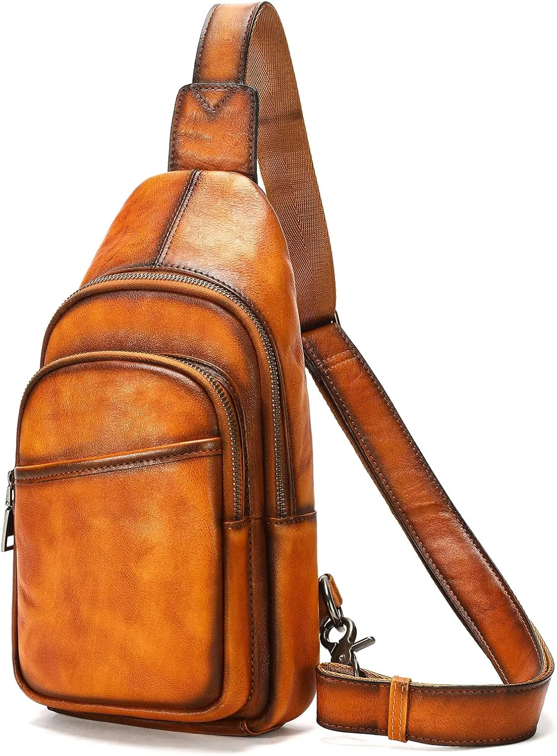 NIUCUNZH Genuine Leather Sling Bag, Vintage Handmade Leather Crossbody Bags 4 Zipper Pockets Travel One Shoulder Backpack Brown