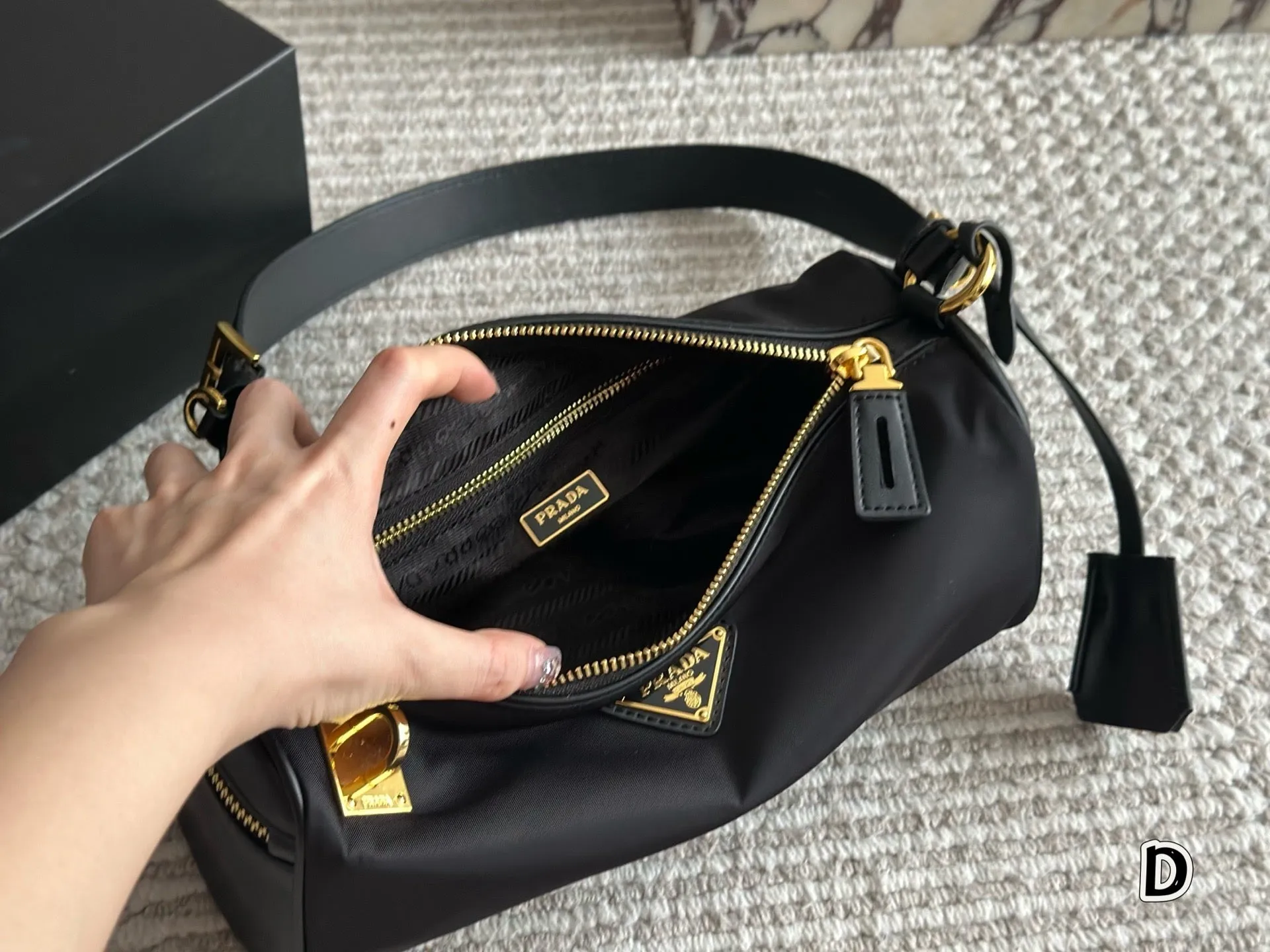 PD346 Re-Edition 2002 Re-Nylon & Calfskin Shoulder Bag / 10.6x5.1x2inch