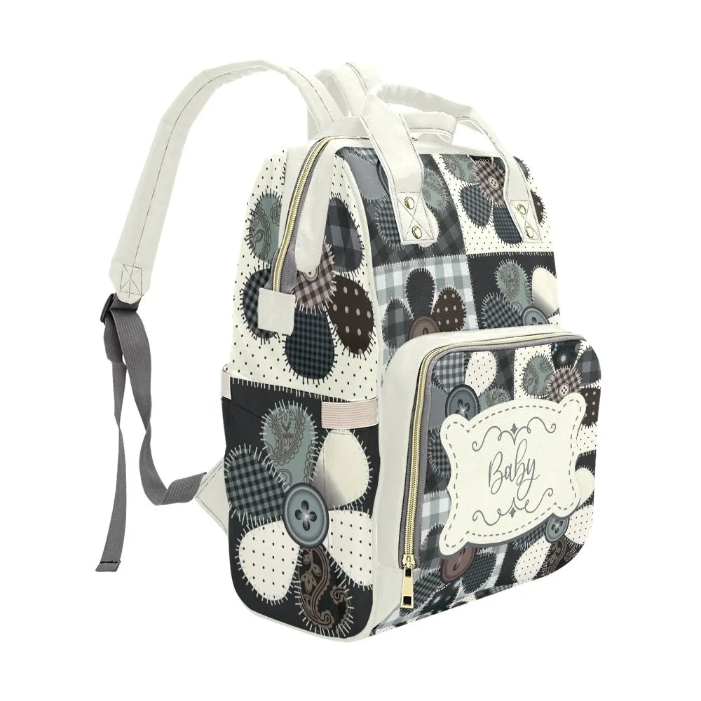Personalized Diaper Bag Backpack - Patchwork Flower Buttons With Cream Label - Large Capacity and Waterproof