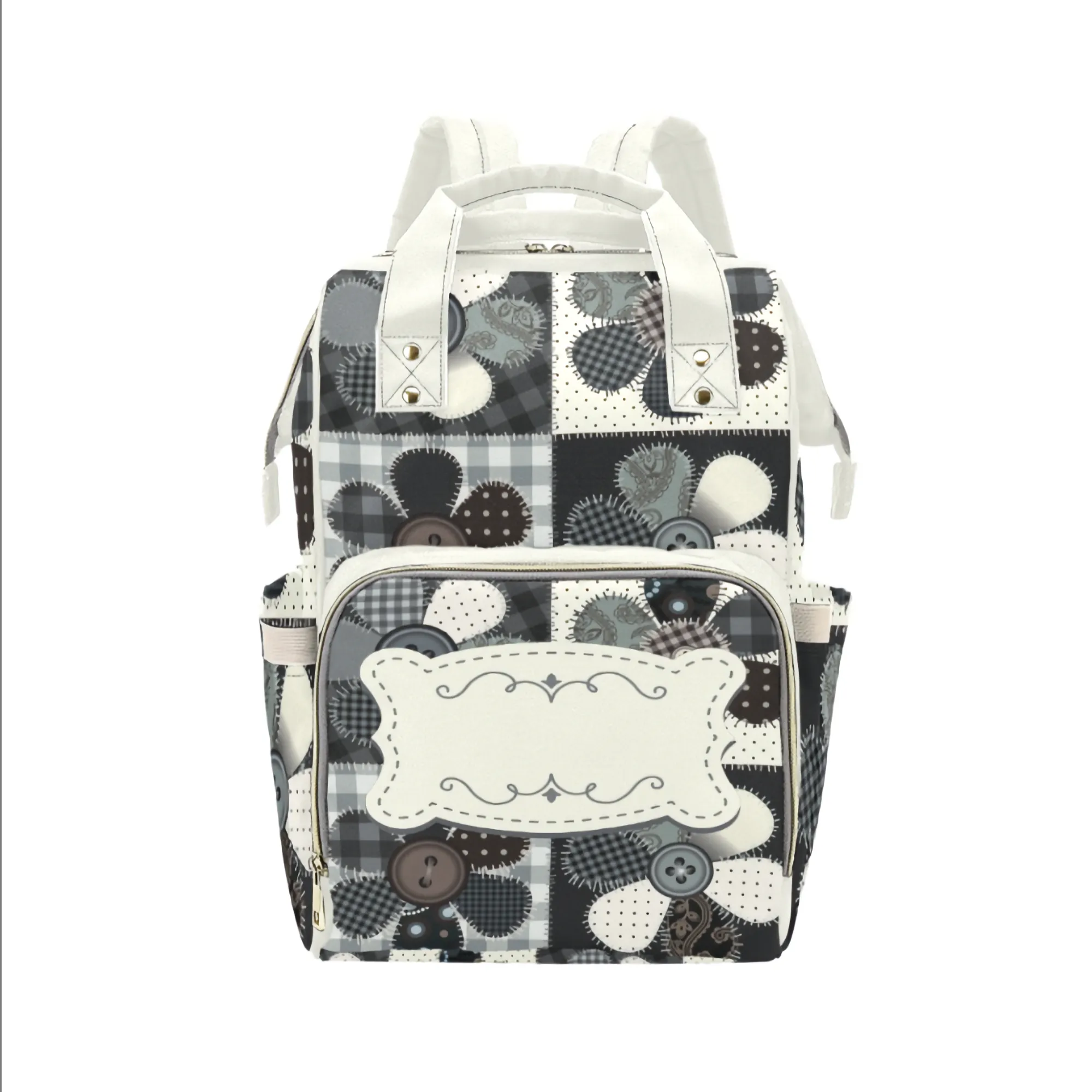 Personalized Diaper Bag Backpack - Patchwork Flower Buttons With Cream Label - Large Capacity and Waterproof
