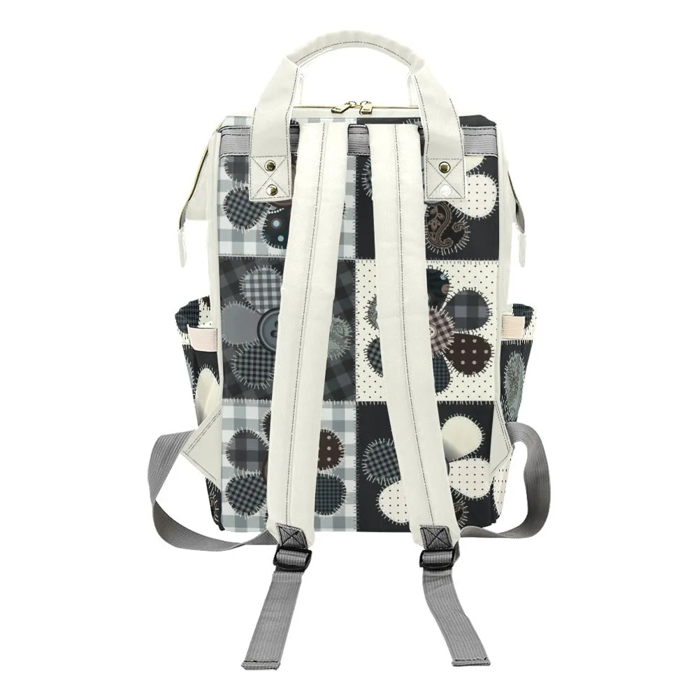 Personalized Diaper Bag Backpack - Patchwork Flower Buttons With Cream Label - Large Capacity and Waterproof