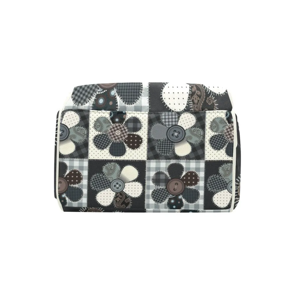 Personalized Diaper Bag Backpack - Patchwork Flower Buttons With Cream Label - Large Capacity and Waterproof