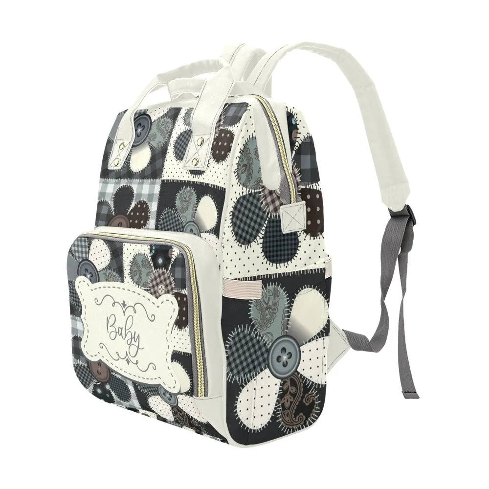 Personalized Diaper Bag Backpack - Patchwork Flower Buttons With Cream Label - Large Capacity and Waterproof