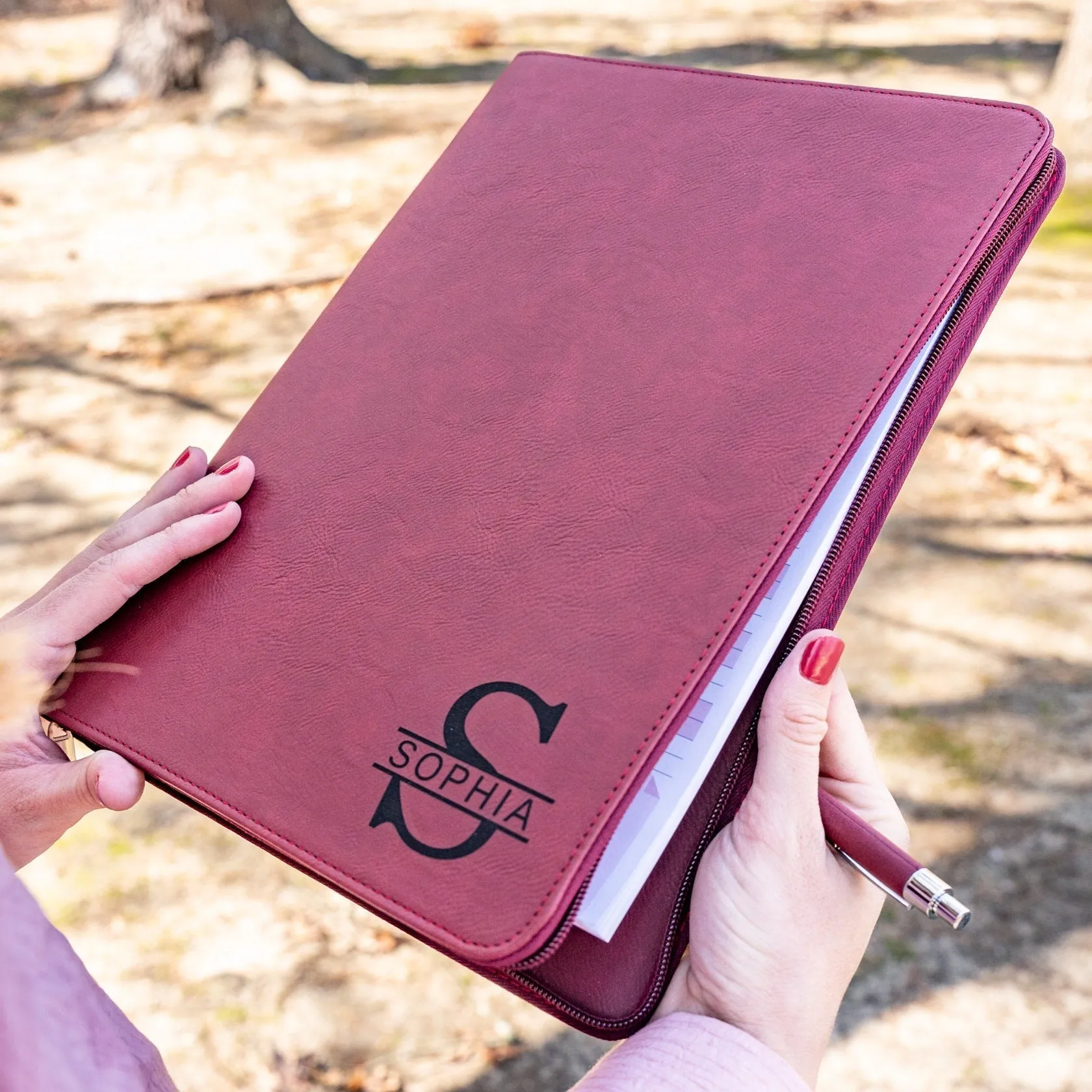 Personalized Vegan Leather Business Portfolio with Zipper